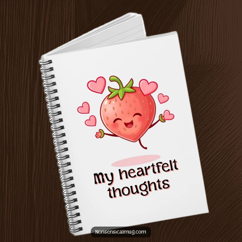 Funny cheerful strawberry character joyfully juggling hearts on a notebook cover, perfect for jotting down loving thoughts.