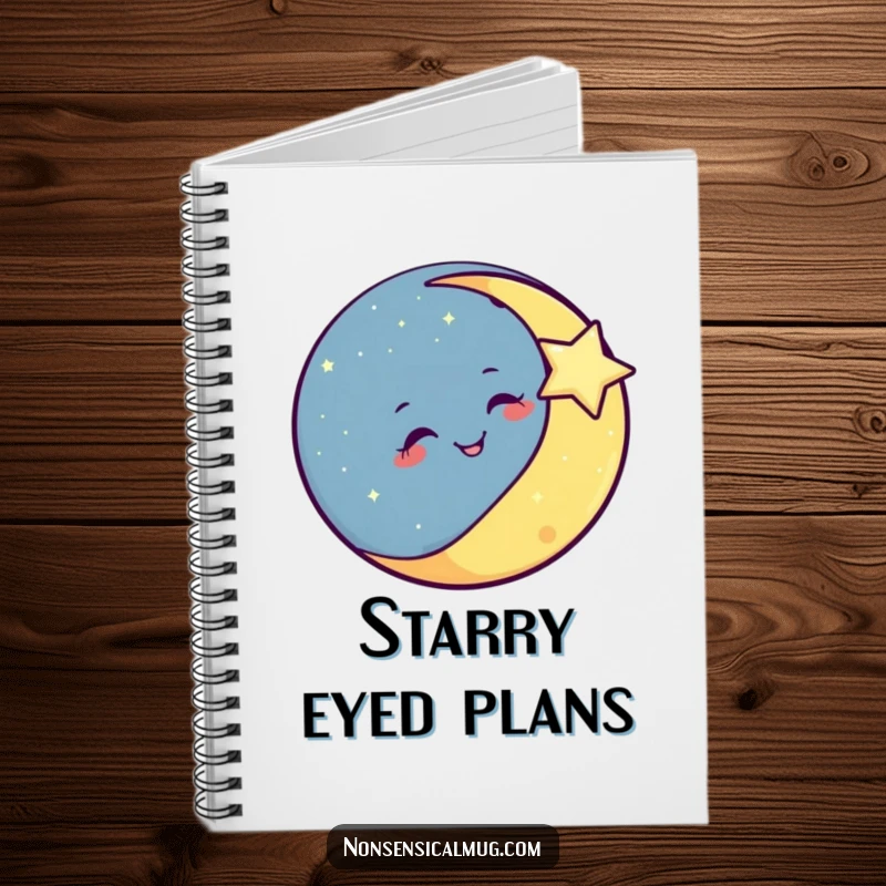 Funny smiling moon winking at a twinkling star on the cover of a notebook, ready for cosmic thoughts.