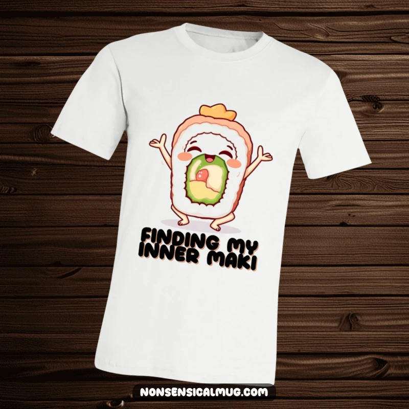 Funny sushi roll in a peaceful yoga pose, making this t-shirt a humorous and serene apparel choice.
