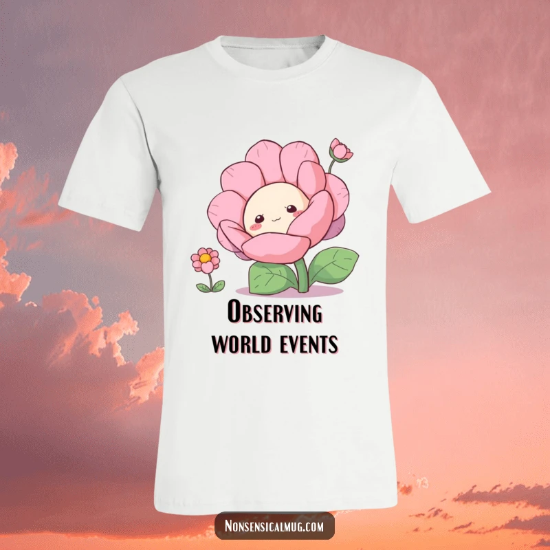 Funny curious blob character peeking out from behind a large flower on a t-shirt, full of intrigue.