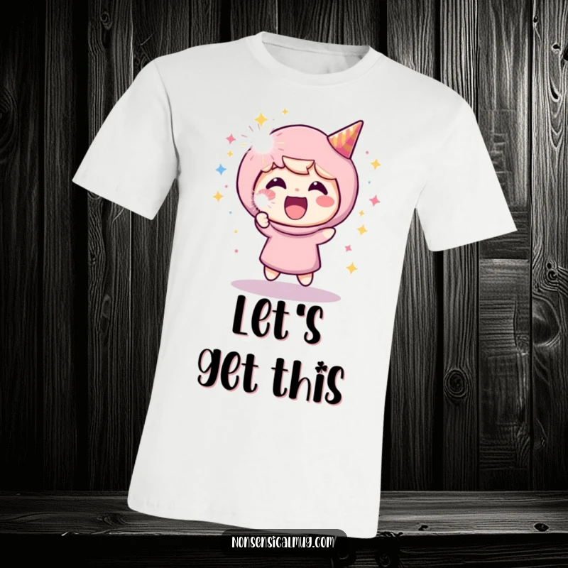 Funny t-shirt featuring an ecstatic character with a party popper exploding in a shower of confetti, embodying sheer happiness.