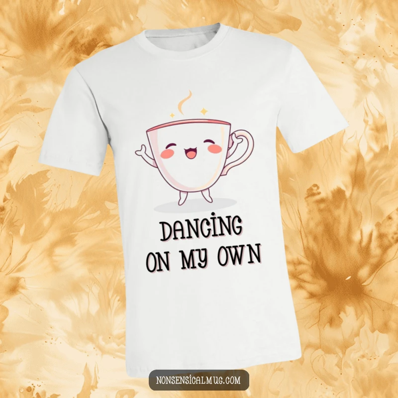 Funny teacup with small arms and legs, joyfully dancing and twirling on a t-shirt, full of energy.