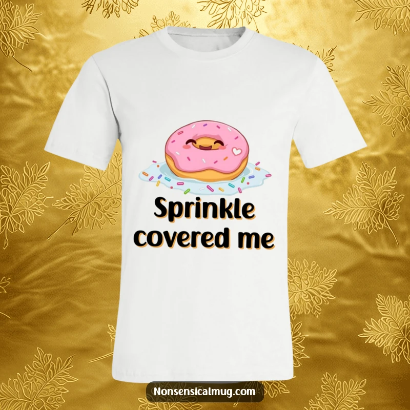 Funny t-shirt graphic of a giggling donut character blissfully floating in a vibrant pool of colorful sprinkles.