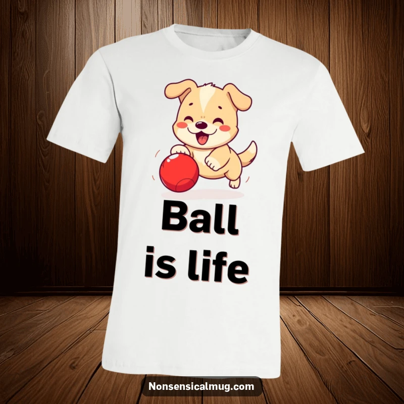Funny Kawaii Dog T-Shirt: An adorable kawaii dog enthusiastically pursues a red ball, radiating playful excitement.