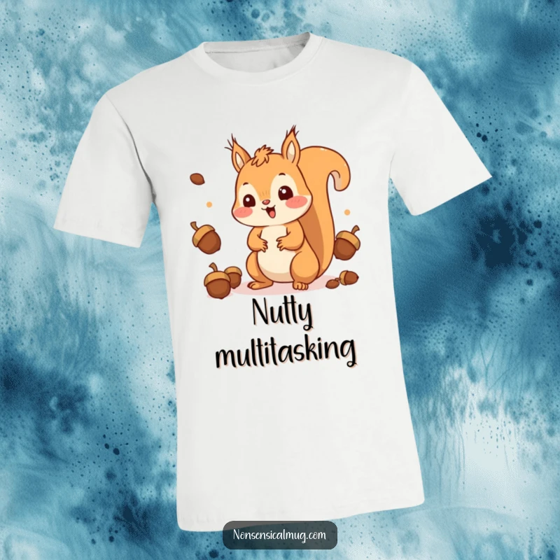 Funny Squirrel T-Shirt: A surprised kawaii squirrel happily juggling a pile of acorns, showcasing impressive skills.