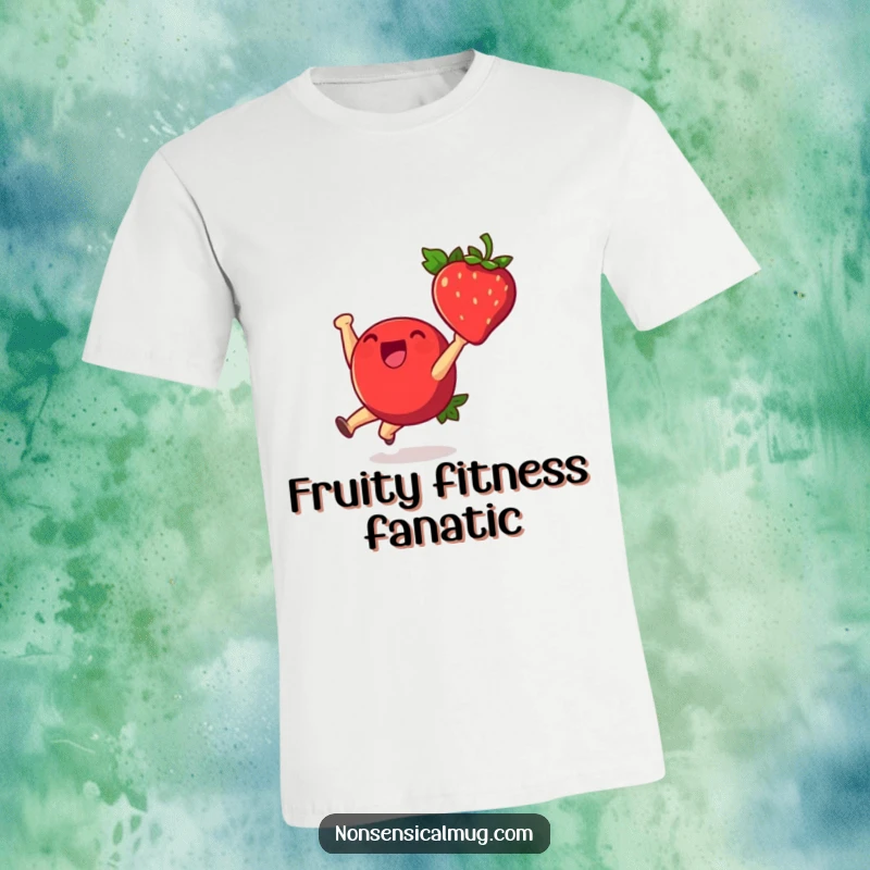 Funny t-shirt graphic of a happy strawberry performing a dynamic cartwheel with a joyful expression and energetic motion.