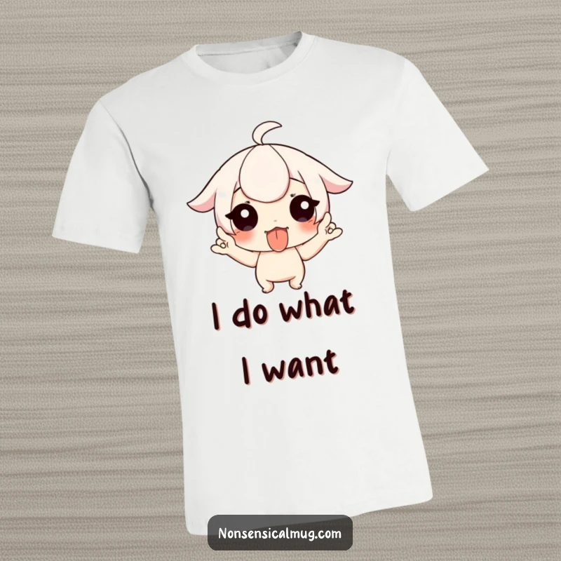 Funny t-shirt with a character sticking their tongue out and wiggling fingers, embodying playful mischief and humor.