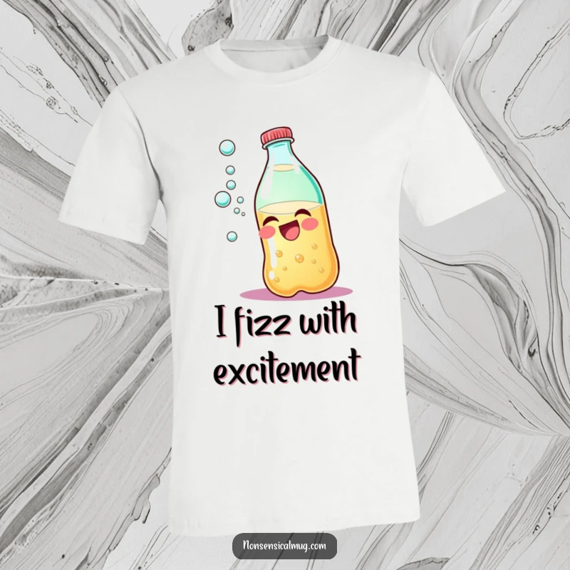 Funny soda bottle t-shirt featuring a laughing character and effervescent bubbles, perfect for casual humor.