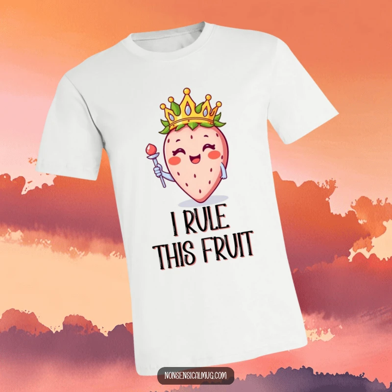 Funny strawberry wearing a crown and holding a scepter, looking happy, printed on a t-shirt for a sweet statement.