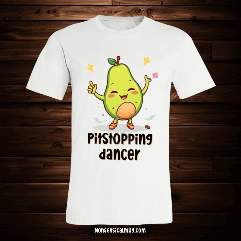 Funny t-shirt graphic of a winking avocado character breakdancing with its pit, showcasing energetic and fun moves.