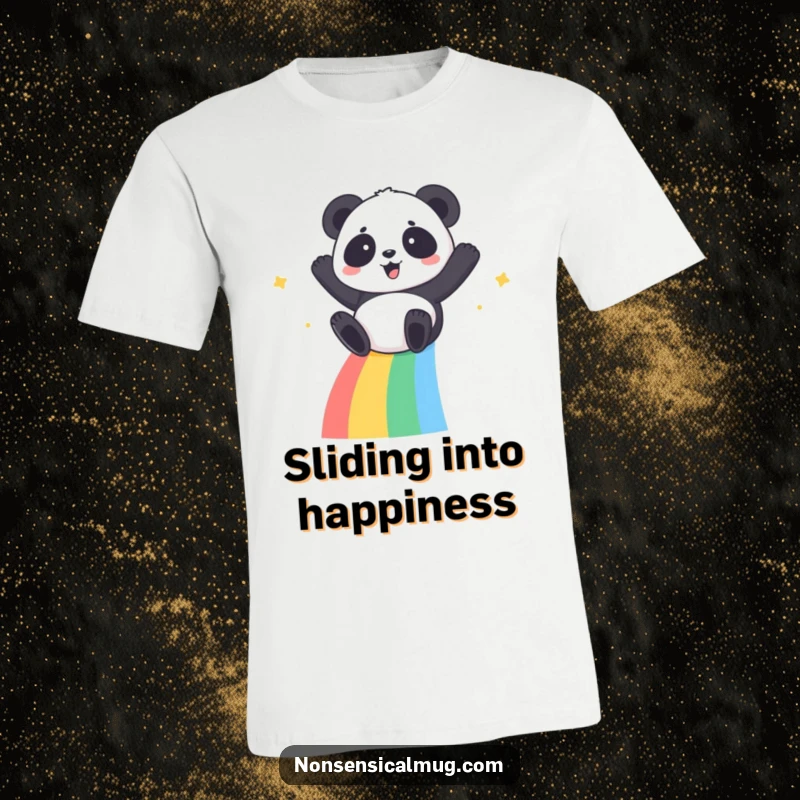 Kawaii Panda T-Shirt: A happy kawaii panda sliding down a colorful rainbow with a look of pure glee.