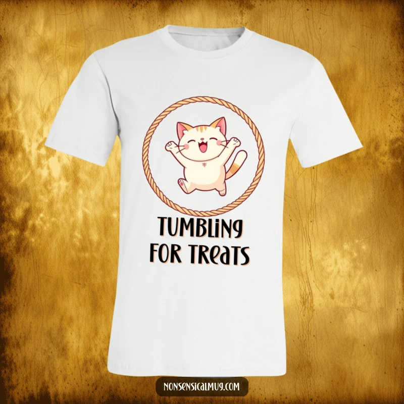 Funny round cat joyfully leaping through a hoop of yarn on a t-shirt, expressing pure feline happiness and playful movement.