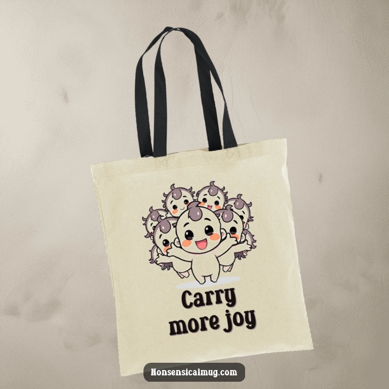 Funny tote bag with a cheerful character multiplying into multiple bouncy copies, perfect for carrying essentials with extra joy.