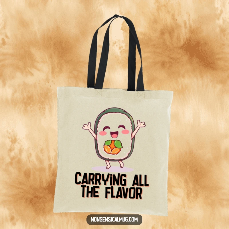 Funny tote bag featuring a delighted sushi roll character doing a joyful dance, perfect for food lovers on the go.