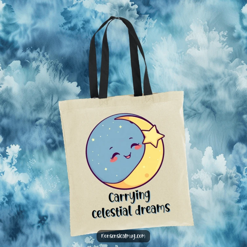 Funny smiling moon winking at a twinkling star on a tote bag, perfect for carrying celestial charm.