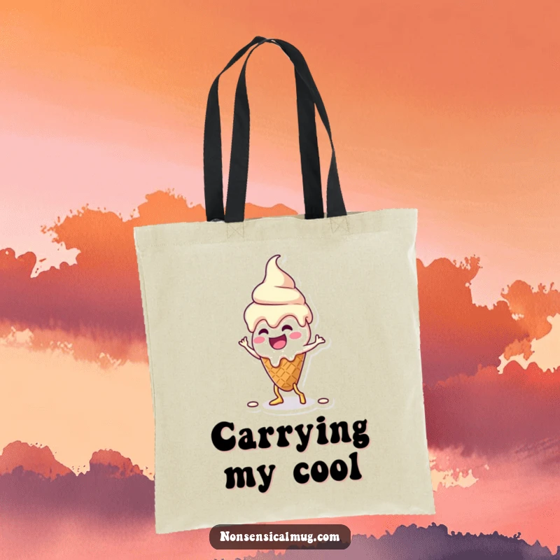 Funny kawaii melting ice cream cone character doing a silly dance on a durable tote bag, perfect for sweet adventures.
