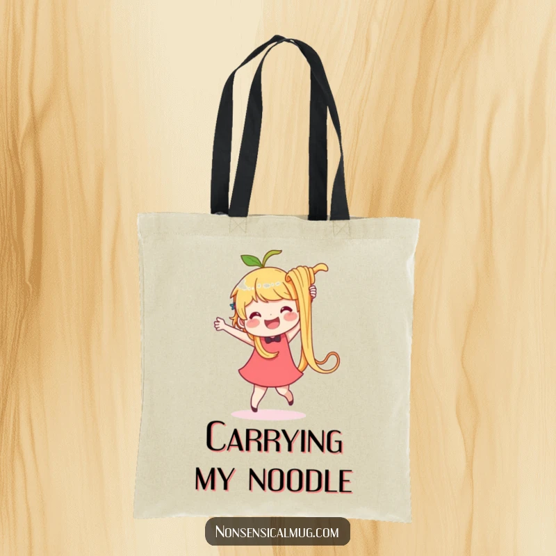 Funny tote bag with a happy character dancing with a huge, wiggling noodle. A whimsical and practical accessory.