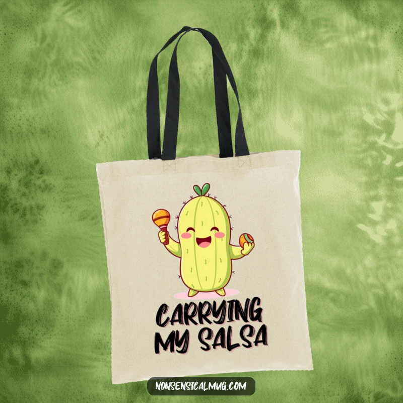 Funny Tote Bag: Smiling cactus character gleefully dancing with maracas, a festive and practical accessory.