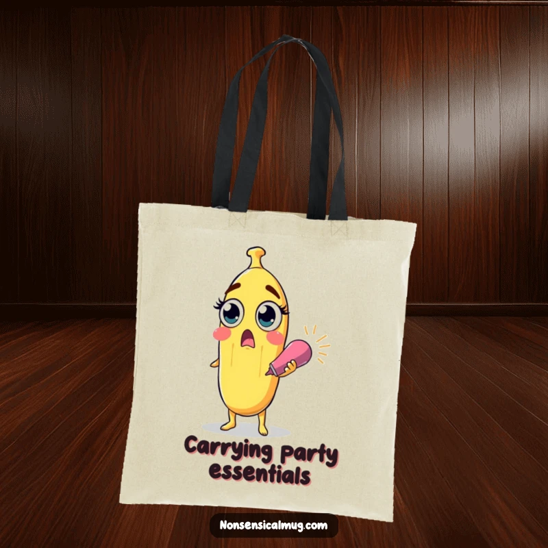 Funny surprised banana character with wide eyes holding a party popper on a durable tote bag, a hilarious and practical item.
