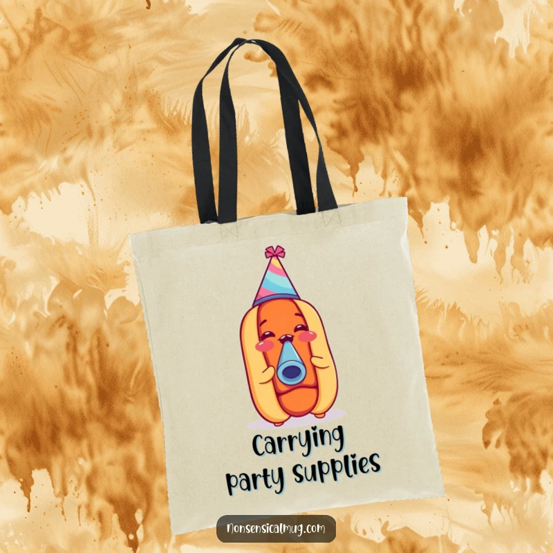 Funny hot dog in a party hat, blowing a noisemaker, illustrated on a stylish and humorous tote bag.