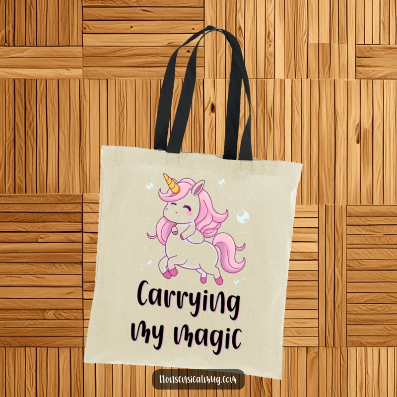 Funny tote bag showcasing a giggling character riding a unicorn made of shimmering bubbles, perfect for carrying items with a magical and lighthearted touch.