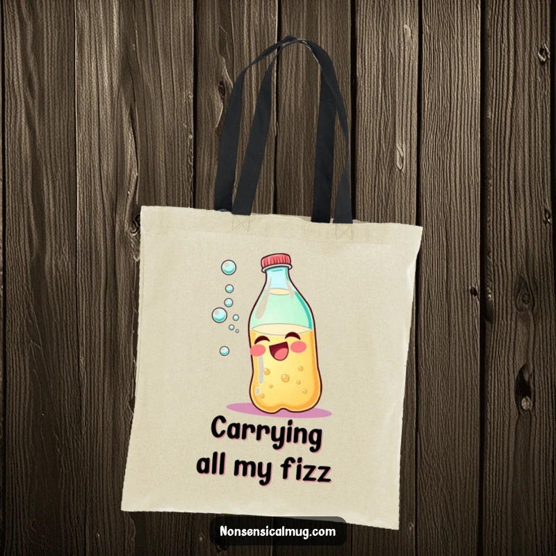 Funny soda bottle tote bag, showcasing a happy character with bubbly accents for a humorous carry-all.