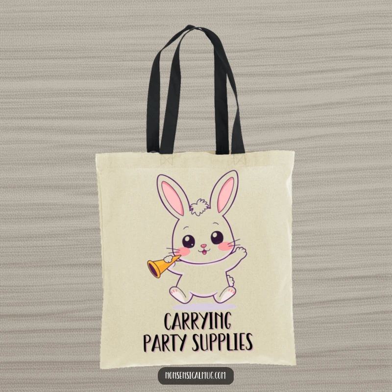 Funny Kawaii Bunny Tote Bag: An excited kawaii bunny bounces, wide-eyed and holding a party horn, ready for events.
