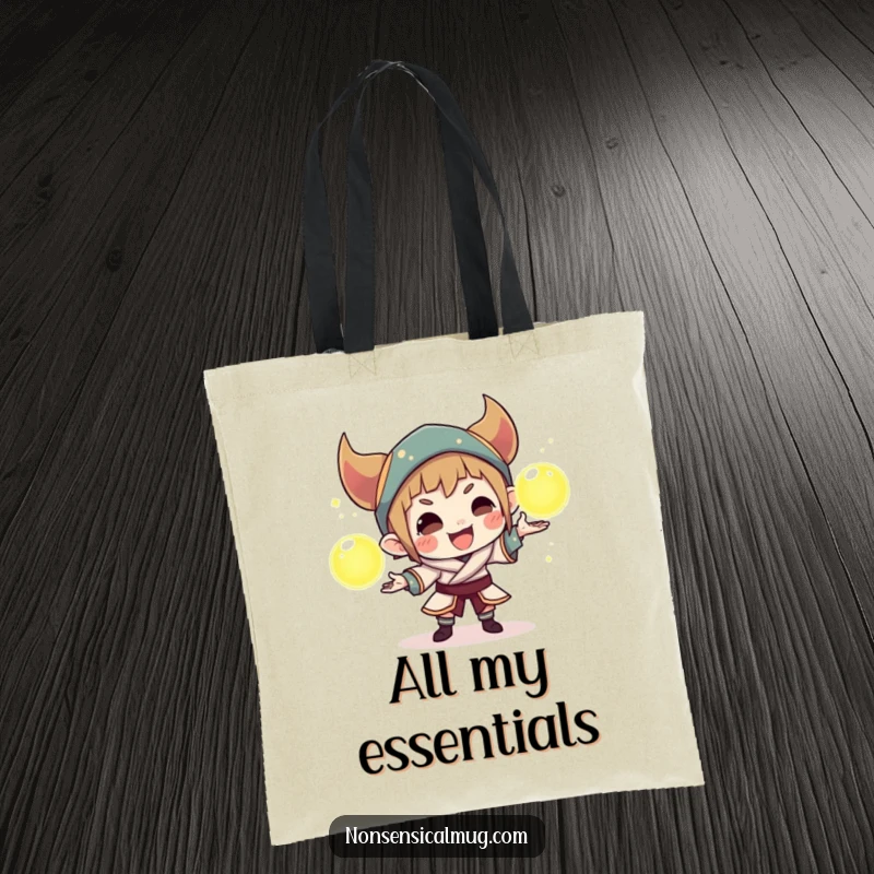 Funny tote bag featuring a cunning character juggling three glowing orbs, perfect for carrying essentials with a magical, mischievous touch.