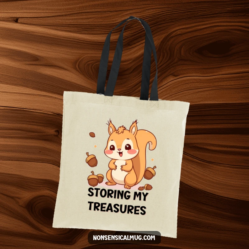 Funny Squirrel Tote Bag: A surprised kawaii squirrel happily juggling acorns, ready for shopping trips.