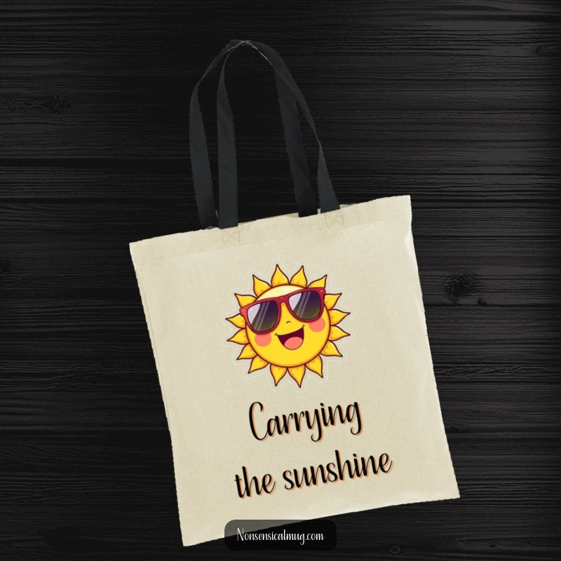 Funny Tote Bag: Cheerful sun character beaming with oversized sunglasses, a cool and practical accessory.