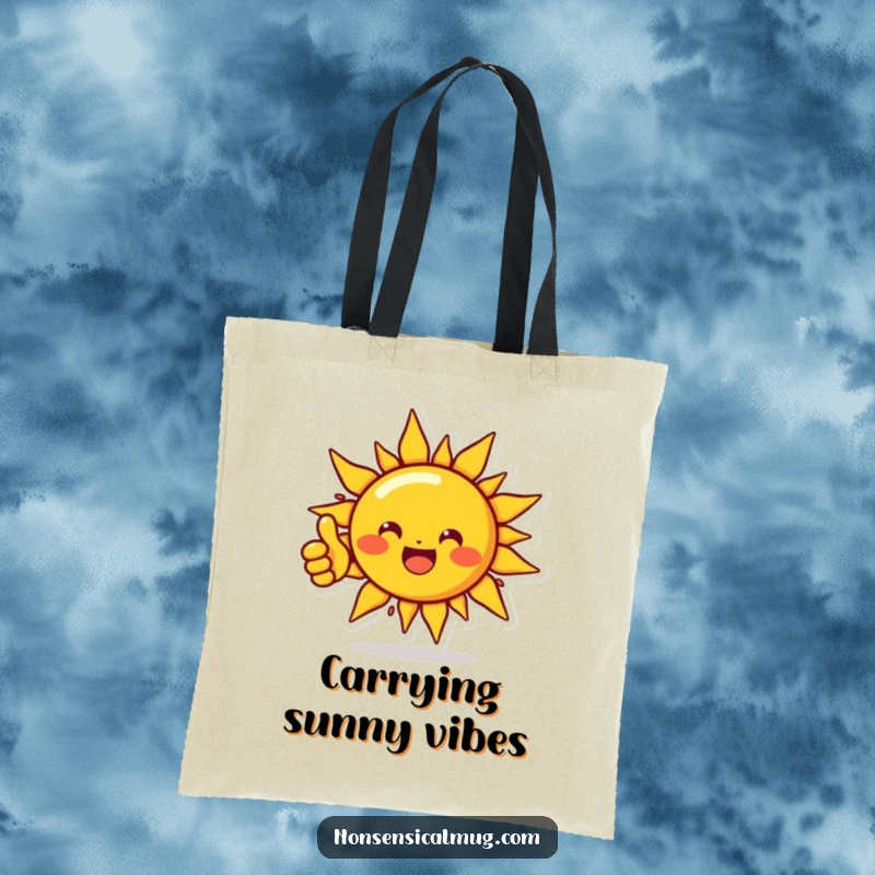 Funny tote bag with a beaming sun character giving a thumbs up, ideal for carrying items with a cheerful, positive message.
