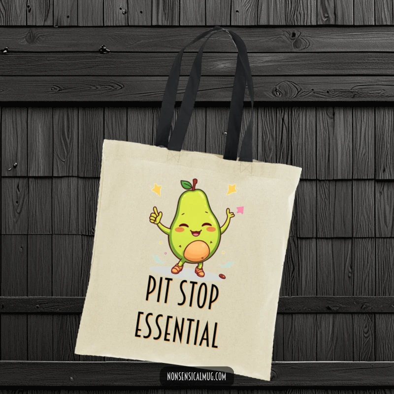 Funny tote bag showcasing a winking avocado breakdancing with its pit, ready to carry your belongings with groovy style.