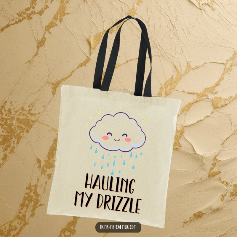 Funny tote bag with a cute, grinning cloud character showering gentle, sparkling raindrops, perfect for carrying sunny day essentials.
