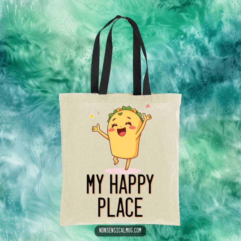 Funny tote bag showcasing a happy taco captured mid-celebratory dance, perfect for carrying fiesta essentials with joy.