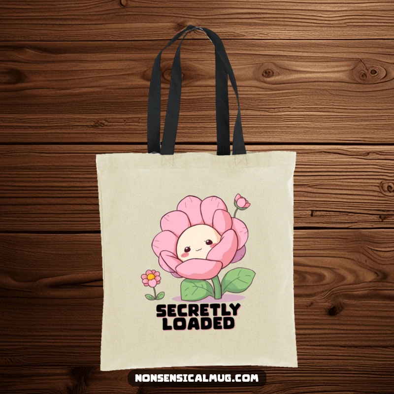 Funny curious blob character peeking out from behind a large flower on a tote bag, full of charm.
